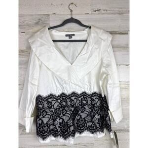 Go Silk Women’s Plus 1X White Blouse Black Lace Overlay Long Sleeve NEW Designer